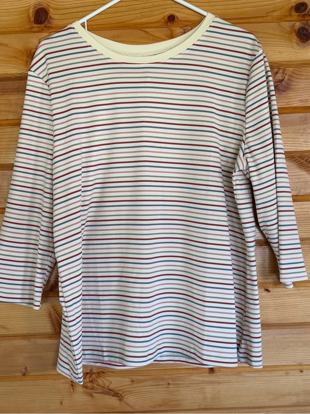 Merokeety Casual Striped Crewneck Top in Cream with Red & Green Stripes